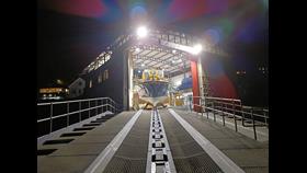 Sennen Cove all-weather lifeboat 'City of London III' in the lifeboat station at night. Taken from the long slip