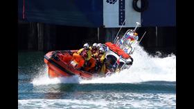 Bangor RNLI's lifeboat at sea, stock image