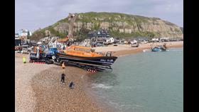 Hastings lifeboat is launched into the water