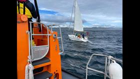 A picture taken from the lifeboat as it stood off about 50 metres from the yacht capturing some of the yellow of the superstructure of the Shannon class lifeboat