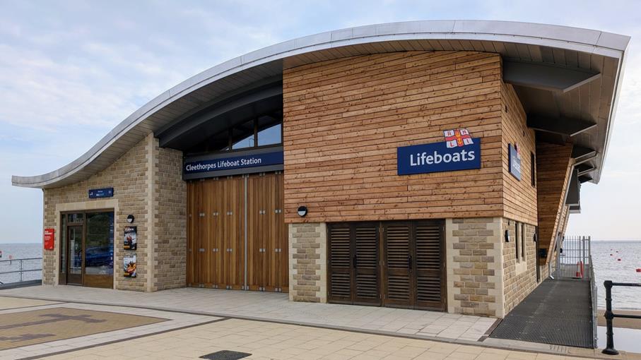 Image of newly redesigned lifeboat station at Cleethorpes, facing the building from ground level.