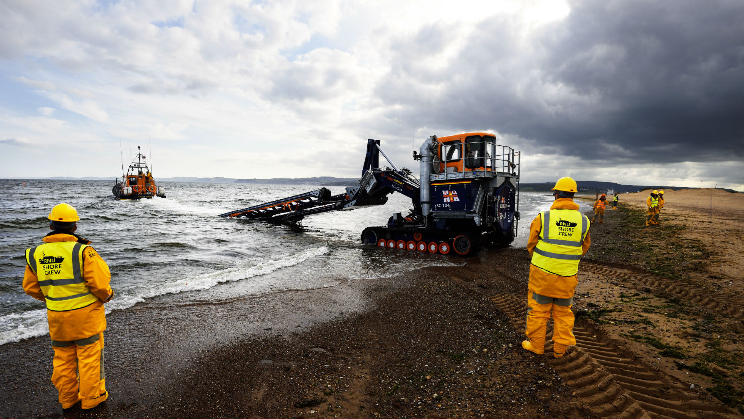 Exmouth RNLI’s Shannon class lifeboar, R and J Welburn, being launched into the sea