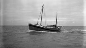 Black and white image of Boulmer lifeboat, Clarissa Langdon, while on trials