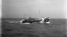 Black and white image of Bridlington lifeboat, Tillie Morrison Sheffield, while on trials