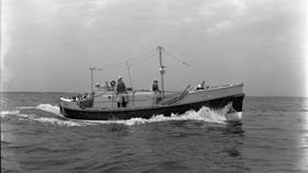 Black and white image of Caister lifeboat, The Royal Thames, while on trials