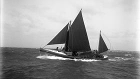 Black and white image of Flamborough lifeboat, Elizabeth and Albina Whitley, while on trials