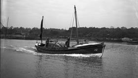 Black and white image of Aldeburgh lifeboat, Lucy Lavers, while on trials