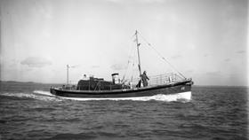 Black and white image of Gorleston lifeboat, Louise Stephens, while on trials