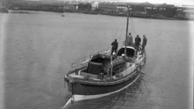 Black and white image of Whitby lifeboat, Mary Ann Hepworth, while on trials