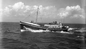 Black and white image of Seahouses lifeboat, Grace Darling, while on trials