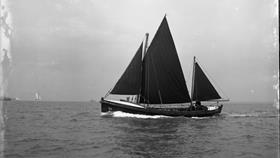Black and white image of Buckie lifeboat, K.B.M., while on trials