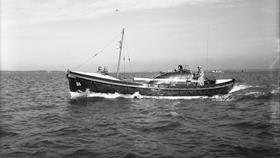 Black and white image of Anstruther lifeboat, James and Ruby Jackson, while on trials