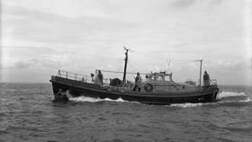 Black and white image of Lerwick lifeboat, Claude Cecil Staniforth, while on trials