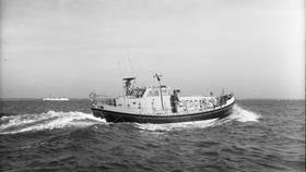 Black and white image of Peterhead lifeboat, James and Mariska Joicey, while on trials