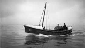 Black and white image of Whitehills lifeboat, Civil Service No.4, while on trials