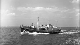 Black and white image of Whitehills lifeboat, Helen Wycherley, while on trials