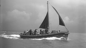 Black and white image of Barra Island lifeboat, Lloyds, while on trials