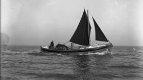 Black and white image of Troon lifeboat, Sir David Richmond of Glasgow, while on trials