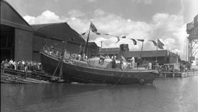 Black and white image of Aberdeen lifeboat, Hilton Briggs, while on trials