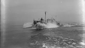 Black and white image of Lowestoft lifeboat, Frederick Edward Crick, while on trials