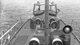 Black and white image of Selsey lifeboat, Canadian Pacific, while on trials