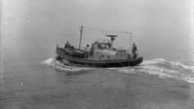Black and white image of Walton and Frinton lifeboat, Edian Courtauld, while on trials