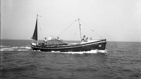 Black and white image of Clovelly lifeboat, William Cantrell Ashley, while on trials