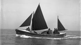 Black and white image of Coverack lifeboat, The Three Sisters, while on trials