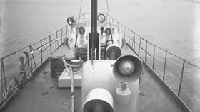 Black and white image of Fowey lifeboat, Deneys Reitz, while on trials