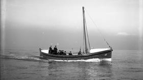 Black and white image of The Lizard lifeboat, Frederick H Pilley, while on trials