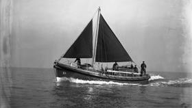 Black and white image of The Lizard lifeboat, Duke of York, while on trials