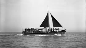 Black and white image of Padstow lifeboat, Princess Mary, while on trials