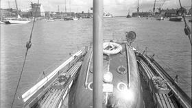 Black and white image of Padstow lifeboat, Bassett Green, while on trials