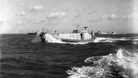 Black and white image of Padstow lifeboat, James and Catherine MacFarlane, while on trials