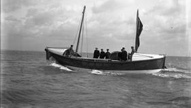 Black and white image of St Ives lifeboat, Caroline Parsons, while on trials