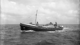 Black and white image of St Ives lifeboat, Edgar George Orlando and Eva Child, while on trials