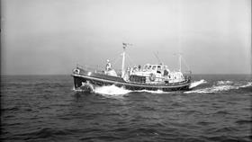 Black and white image of Salcombe lifeboat, The Baltic Exchange, while on trials