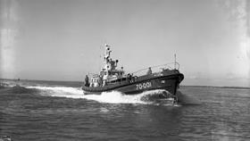 Black and white image of Reserve lifeboat (Clovelly), Charles H Barret (Civil Service No.35), while on trials