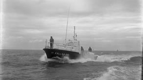 Black and white image of Reserve lifeboat (Falmouth), 44-001, while on trials