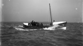 Black and white image of Aberystwyth lifeboat, Frederick Angus, while on trials