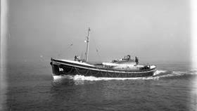 Black and white image of Aberystwyth lifeboat, Frederick Angus, while on trials