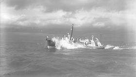 Black and white image of Fishguard lifeboat, Howard Marryat, while on trials