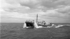 Black and white image of Holyhead lifeboat, St Cybi (Civil Service No.9), while on trials