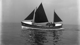 Black and white image of Port St Mary lifeboat, Sir Heath Harrison, while on trials