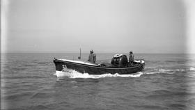 Black and white image of Barmouth lifeboat, Lawrence Ardern, Stockport, while on trials