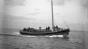 Black and white image of Tenby lifeboat, John R. Webb, while on trials
