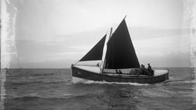Black and white image of Ramsey lifeboat, Lady Harrison, while on trials