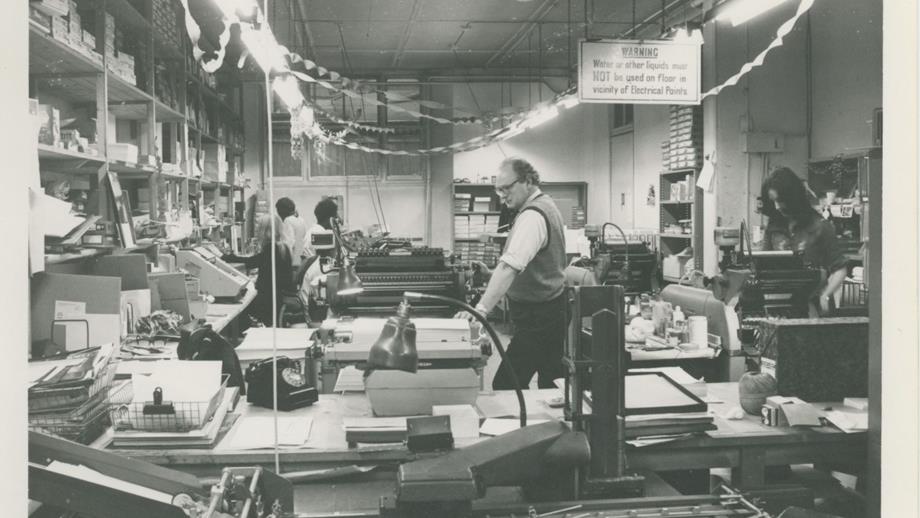 Black and white image of Print Room at RNLI Head Office, decorated for Christmas