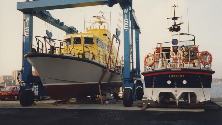 Colour image of all-weather lifeboat in boat lift
