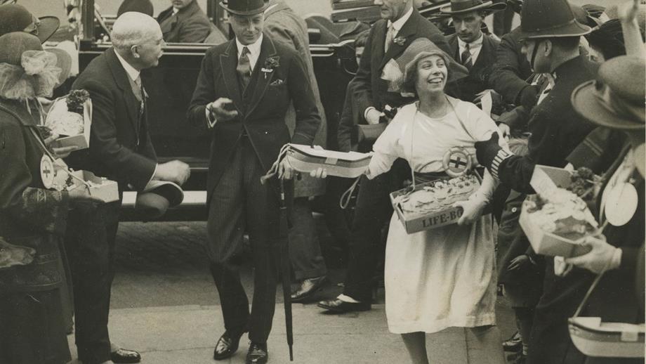 Black and white image of street collector approaching Edward, Prince of Wales